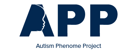 Logo with APP written in blue block letters. The A is stylized with the silhouette of a child's face. Text at the bottom reads: Autism Phenome Project