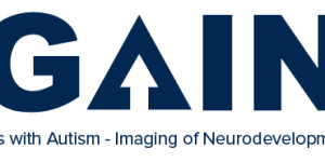 Logo with GAIN written in blue block letters. The A is stylized with an arrow pointing upwards Text at the bottom reads: Girls with Autism - Imaging of Neurodevelopment